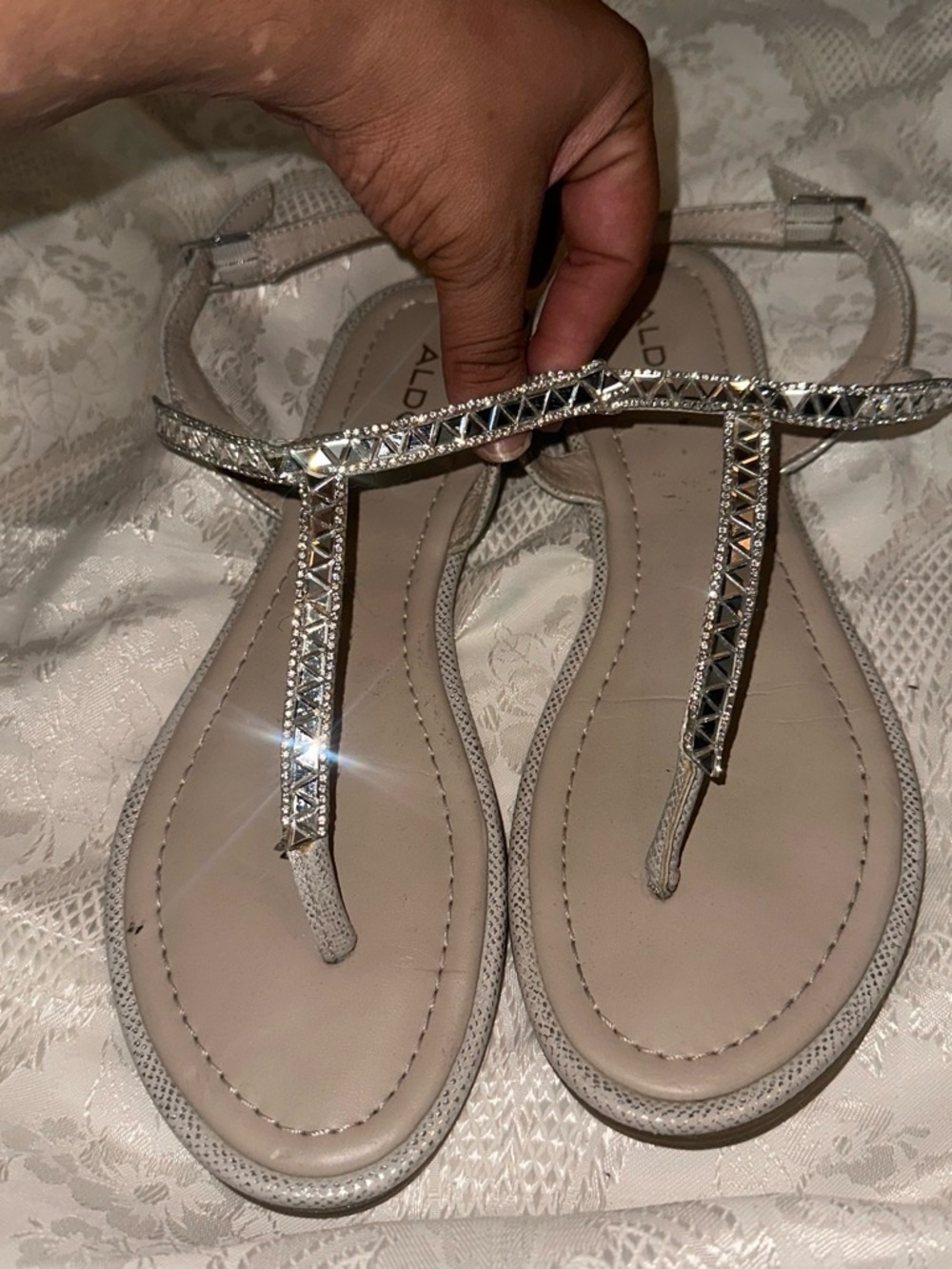 ALDO Nude T-Strap Sandals with Rhinestone Detail
